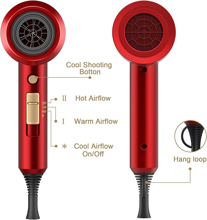 Slopehill Professional Ionic Hair Dryer, Powerful 1800W Fast Drying Low Noise Blow Dryer with 2 Concentrator Nozzle 1 Diffuser Attachments for Home Salon Travel (Agate Red)