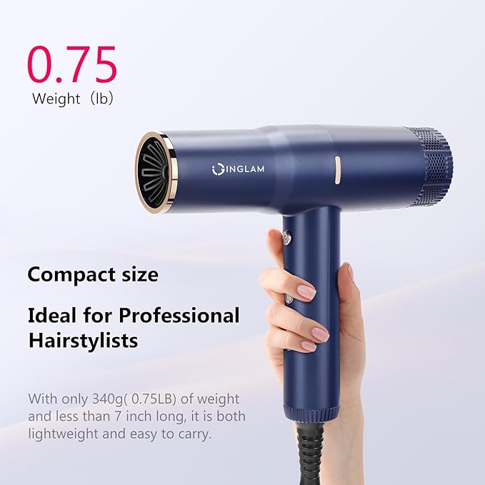 Hair Dryer, IG INGLAM 1875W Ionic Blow Dryer with Diffuser, 110, 000 RPM High-Speed Brushless Motor for Fast Drying, 3 Heat Settings & 3 Speed & Cold Settings, Low Noise