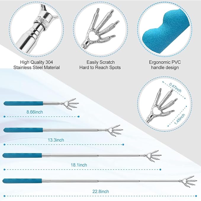 4 Pack Different Back Scratcher Metal Back Massager Set, Extendable Portable Telescoping with Beautiful Box, Gifts for Men Women Kids Adults Stocking Stuffers (Blue)