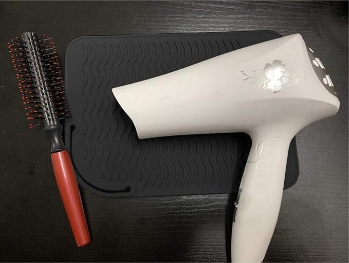 Heat Resistant Silicone Glove and Mat Set for Curling Iron, Hair Straightener, Flat Irons - 9" x 6.5" Food Grade Silicone Mat, Black