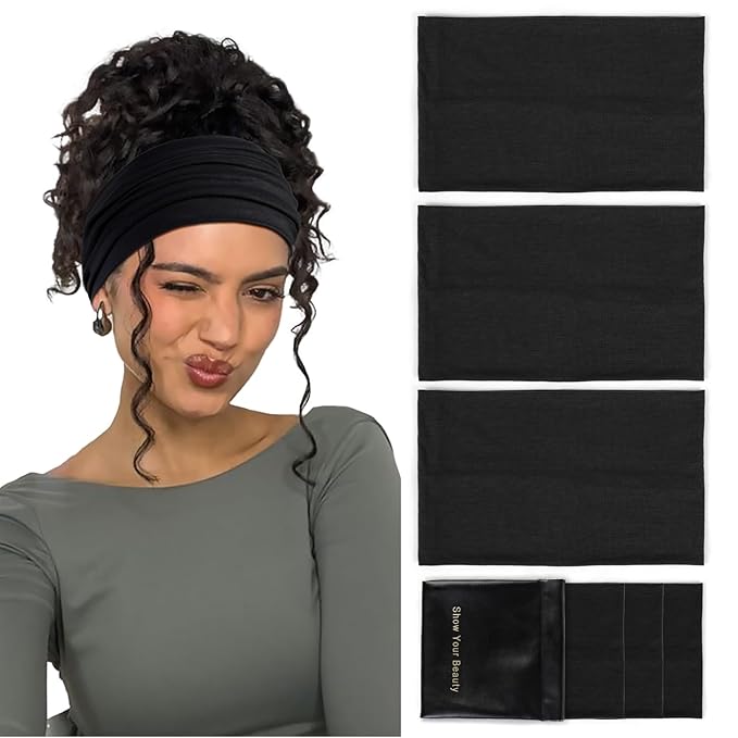 Huachi Black Headbands for Women Wide Headbands for Women Non Slip Thick Womens Headband Boho Elastic Hair Bands for Women's Hair Stretchy Sweat Head Band for Workout Running Working