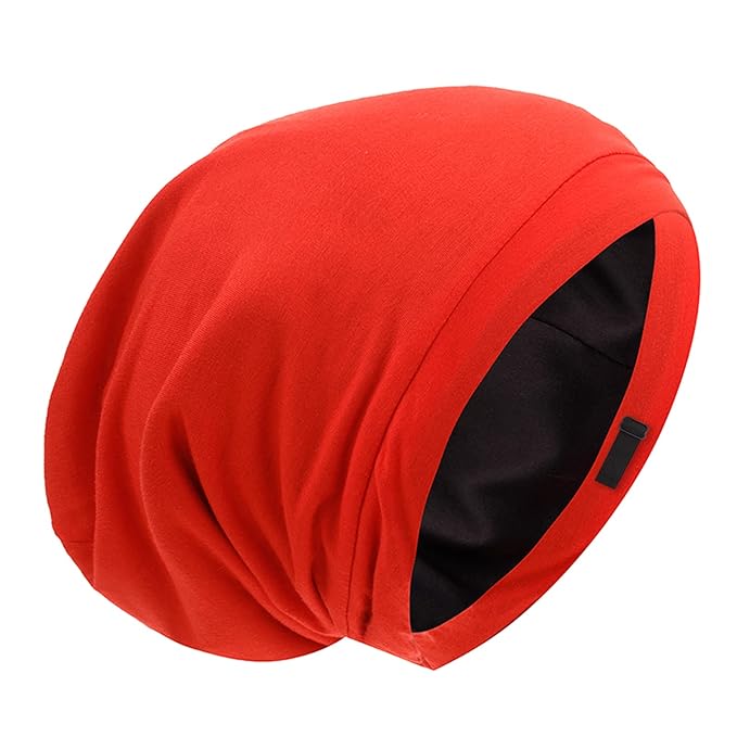 Silk Satin Lined Bonnet Sleep Cap - Adjustable Stay on All Night Hair Wrap Cover Slouchy Beanie for Curly Hair Protection for Women and Men - Red