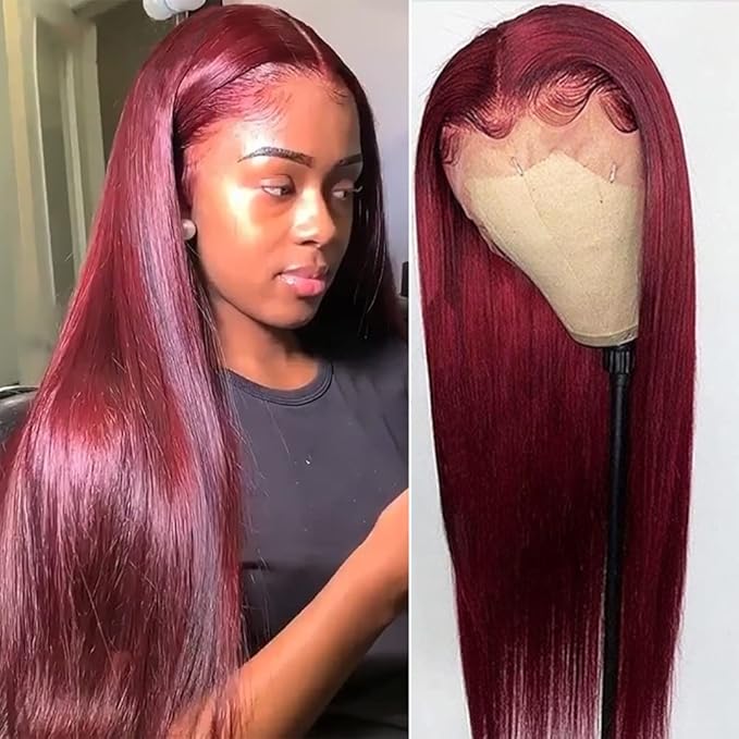 Burgundy 99J Lace Front Wigs Human Hair Pre Plucked Wine Red 13x4 Straight Lace Frontal Wig with Baby Hair for Black Women 150% Density Wig Colored Brazilian Virgin Hair Wig 26 Inch