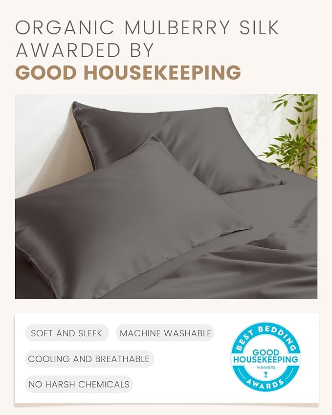THXSILK 100% Mulberry Silk Pillowcase for Hair and Skin, Both Sides Grade 6A+ Pure Natural Silk Pillowcase, Soft Breathable Zipper Pillow Case Queen Size 20"x30", Dark Grey