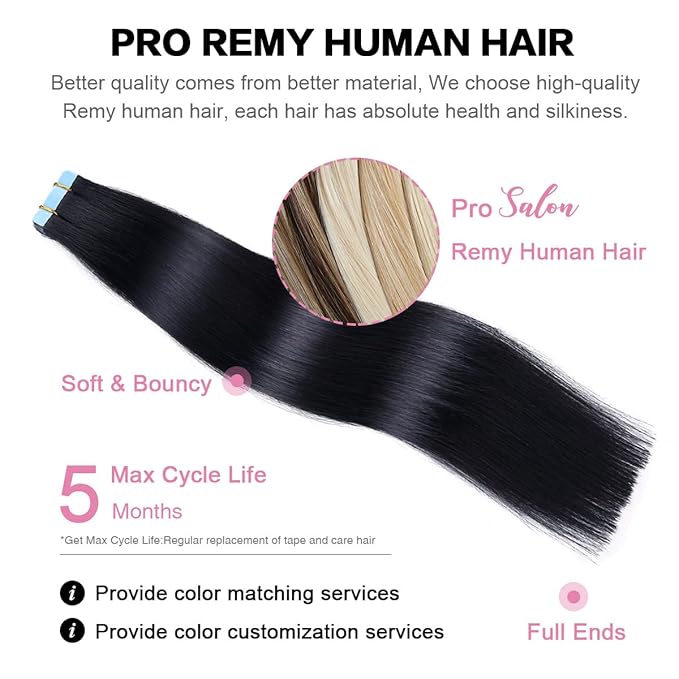 SUYYA Tape in Hair Extensions Human Hair 100% Remy Human Hair Jet Black 50g/pack 20pcs Straight Seamless Skin Weft Tape Hair Extensions(22 inches #1 Jet Black)