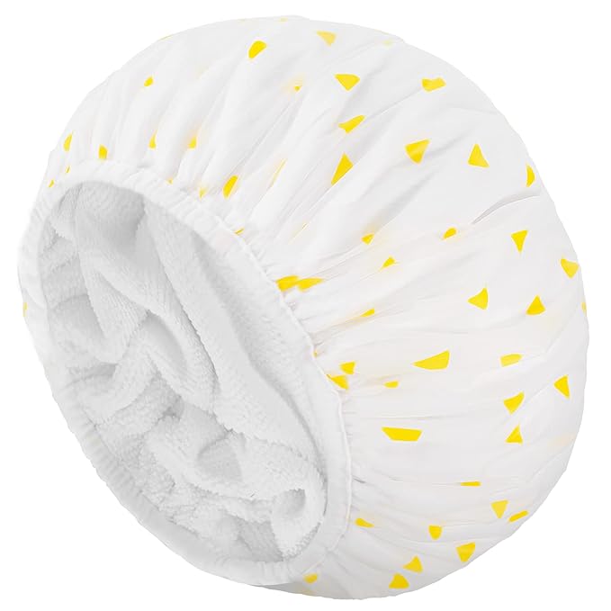 Auban Shower Cap, Shower Cap for Women Terry Cloth Lined EVA Exterior Reusable Double Layer Waterproof, Large Bath Hair Cap for All Hair Lengths (Yellow)