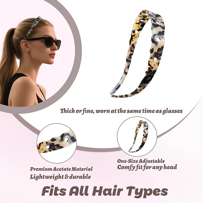 Acetate Hairbands for Women - Non-Slip Thin Headbands with Teeth, Eyewear-Friendly Design, 90s Retro Hair Accessories, No Pressure & No Headache Sunglasses Headband (Leopard print)