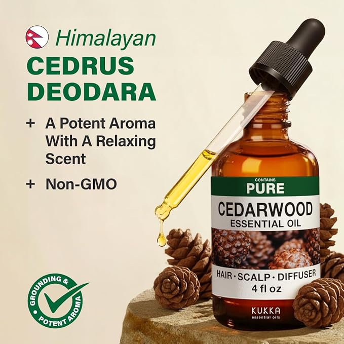 KUKKA Cedarwood Essential Oils - 4 Fl Oz - for Hair, Skin, Diffuser, Aromatherapy & DIY Soap Making Scent