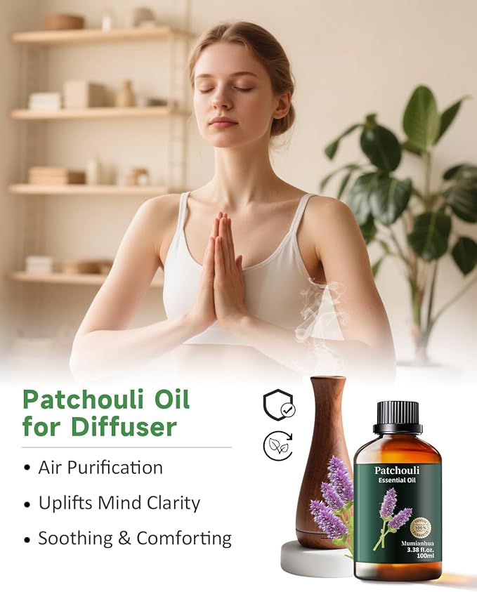 Pure Patchouli Essential Oil for Outdoor Shield, Natural Protective Blends, Earthy Aroma for Reed Diffuser, Room Spray, Hair, Skin Care, Candle, Soap Making, Mumianhua 3.38 Fl Oz