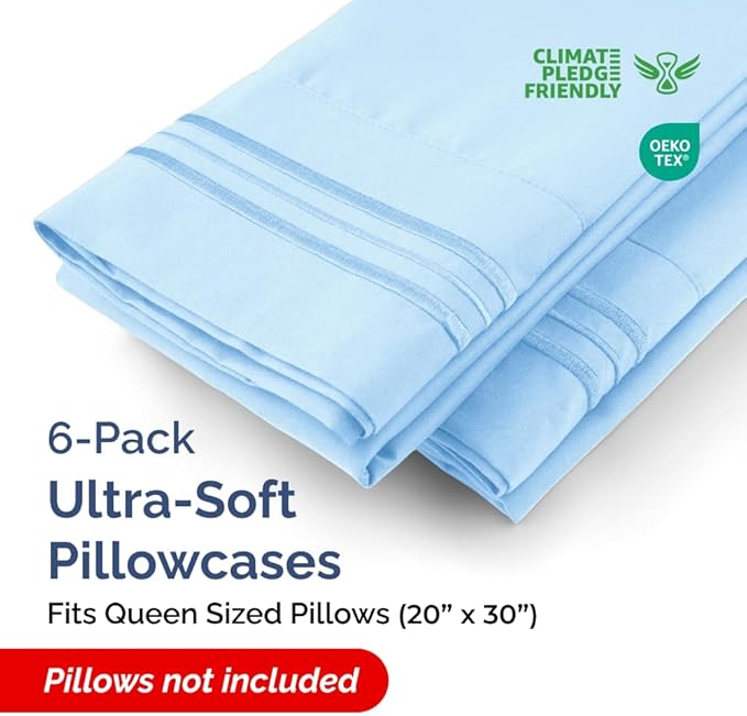 Queen Pillow Cases Set of 6 - Ultra Soft Hotel Quality Pillowcase Covers - Comfy, Cozy & Wrinkle Free - Shrink, Stain & Fade Resistant - Machine Washable Pillow Protectors - 6 Piece Set - Light Blue