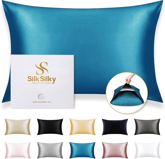 SilkSilky 100% Mulberry Silk Pillowcase - Pure 22 Momme High-Grade 6A Fibers for Hair & Skin, Envelope Closure, Natural, Organic, Breathable & Cooling Pillow Case (Standard, Teal)