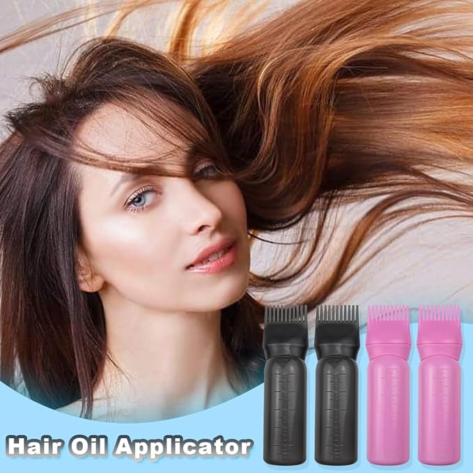 ELANE 4 Pack Root Comb Applicator Bottle, Oiling Applicator, Oil Comb Applicator for Hair Dye & Shampoos, Hair Salons (2 Black + 2 Pink)