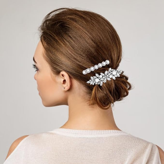 4PCS Rhinestone Hair Clips, Silver Sparkly Pearl Wedding Hair Barrettes, Elegant Metal Alloy Rhinestone Hair Accessories for Women Girls