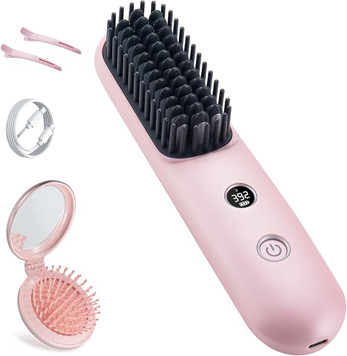 LCD Screen Cordless Hair Straightener Curler 2 in 1, Portable Mini Hair Straightening Brush for Travel Negative Ionic Fast Heating Hot Comb for Women, Folding Brush with Mirror, Pink