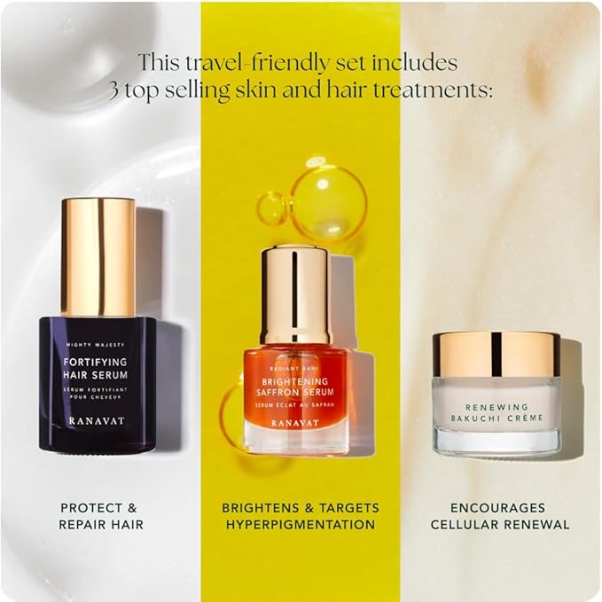 RANAVAT Royal Trio Travel Size Gift Set - Set Includes Brightening Saffron Face Serum, Renewing Bakuchi Face Cream & Fortifying Hair Serum - Clinically Tested Vegan Skincare & Haircare (3 Count)