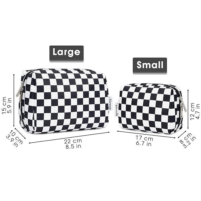 Narwey Checkered Makeup Bag Travel Cosmetic Bag Organizer Toiletry Bag Make Up Bags with Compartments for Women Girls (Large, Black Checkerboard)