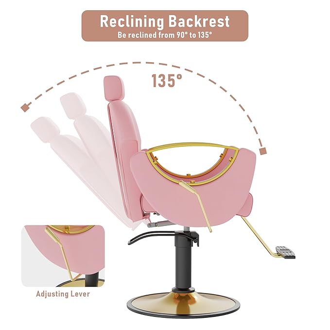 Barber Chair for Hair Stylist, Height Adjustable Hydraulic Hair Reclining Salon Chair, 360 Degrees Rotation, Multi-Function Shampoo Chair for Salon Barbershop (Modern Pink)