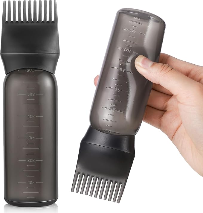 Pimoys Root Comb Applicator Bottle 6 Ounce, Oil Applicator for Hair Dye, Hair Oiling Bottle Brush with Graduated Scale, Black