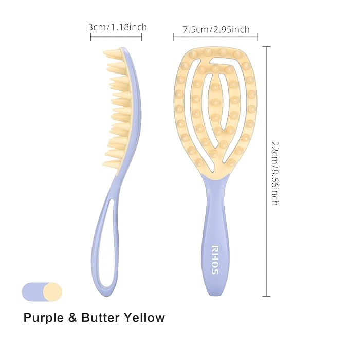 RHOS Scalp Massager, Shampoo Brush with Handle, Curved Vented Hair Scrubber, Scalp Brush for Wet & Dry Hair (Purple)