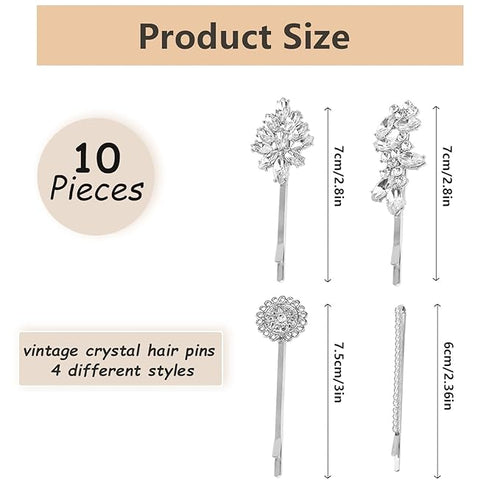 10 Pieces Rhinestone Hair Clips, Crystal Bobby Hair Pins Decorative Rhinestone Hair Barrettes for Wedding, Leaf Feather Sunflower Hair Clips Metal Hair Accessories for Women,4 Styles (silver)
