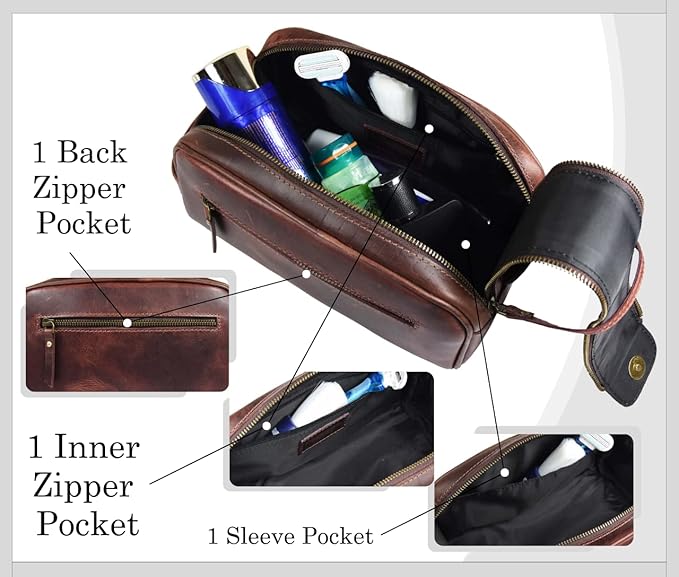 Leather Toiletry Bag for Men | Grooming Travel Kit | With Waterproof Lining | By Aaron Leather (Dark Brown)