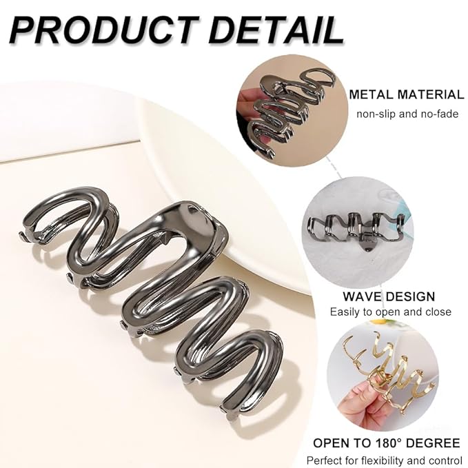 1 Pack Hair Claw Clips for Thick Long Hair, Black Metal Wave with Design Big Jaw Clamps Hair Accessories for Women, Fashion Elegant Wavy Hairgrip No-crease Hair Clips Styling Tools Birthday Gifts