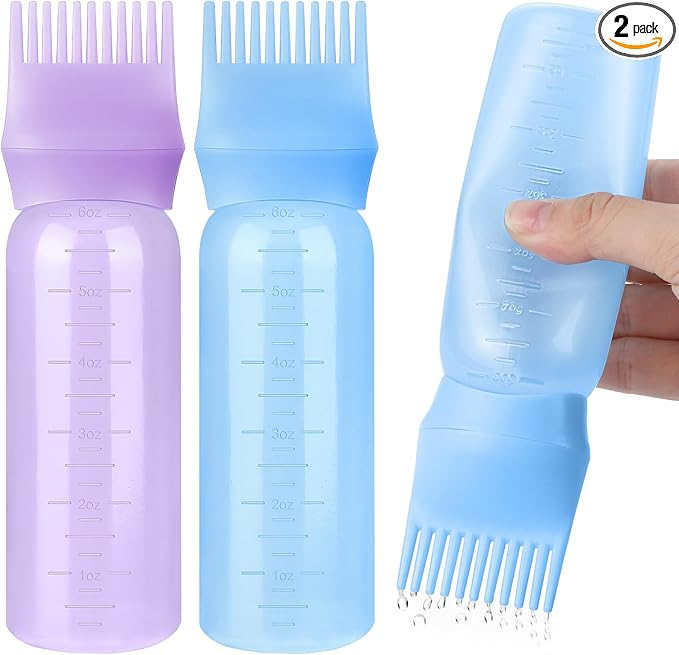 Pimoys Hair Oil Applicator Bottle for Scalp, Root Comb Applicator Bottles Hair Dye Squeeze Bottle Hair Coloring Tools, 2 Pack (Blue, Purple)