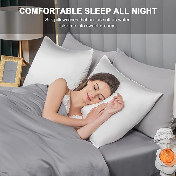 2 Pcs Mulberry Silk Pillowcase for Hair and Skin,Cooling Silk Pillow Case with Hidden Zipper,Allergen Proof Dual Sides Soft Breathable Smooth Silk Pillow Cover for Women(Standard-2PCS,White)