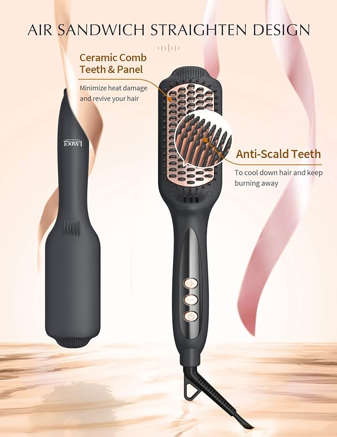 LANDOT Hair Straightener Brush for Thick Curly Hair - Ionic Ceramic Straightening Brush with Dense Bristles & 12 Temp Settings, Dual Voltage, Fast Heating for Frizz-Free Smooth Hair, Black