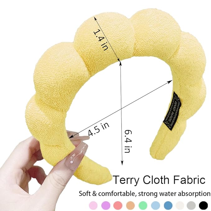 Spa Headbands for Washing Face or Makeup, Sponge Bubble Skincare Headbands, Puffy Terry Cloth Hairband for Women, Skin Care Makeup Headwear Hair Accessories for Girls (Yellow)