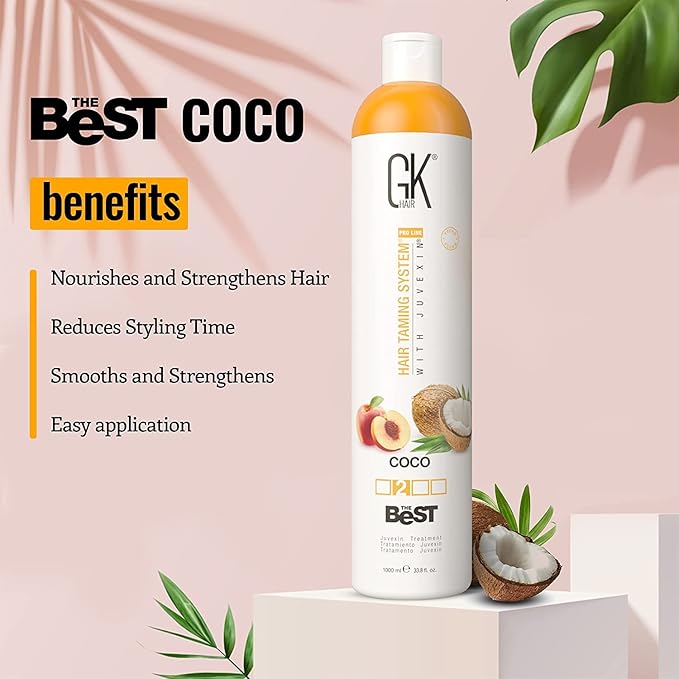 GK HAIR Global Keratin The Best COCO (33.8 Fl Oz/1000ml) Smoothing Keratin Hair Treatment - Professional Brazilian Complex Blowout Straightening For Silky Smooth & Frizz Free Hair