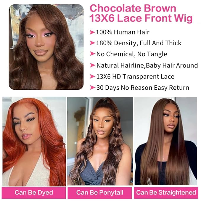 abbildung 28inch Chocolate Brown Lace Front Wig Human Hair 13x6 HD Transparent Body Wave Lace Front Wigs Human Hair Pre Plucked Glueless Frontal Brown Wig Human Hair 180% Density #4