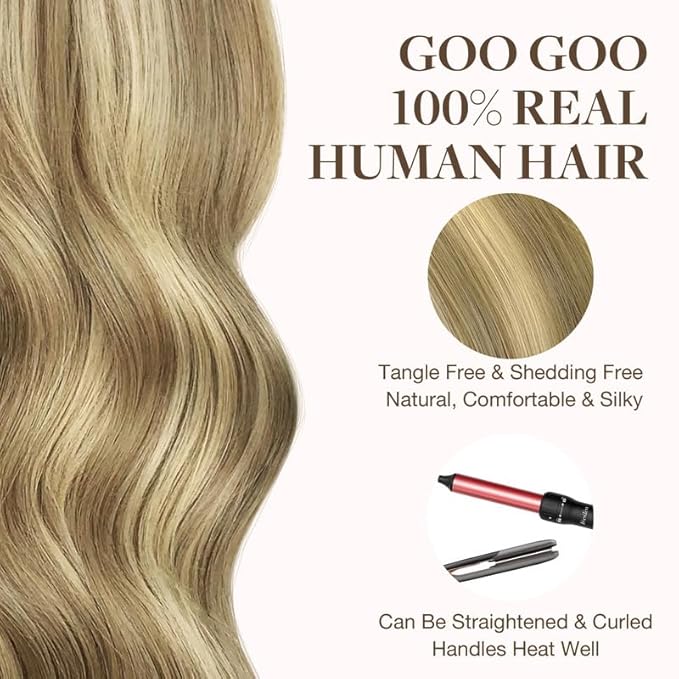 GOO GOO Tape in Hair Extensions Human Hair, 16/22 Light Blonde Highlighted Golden Blonde, 22inch 100g 40pcs, Skin Weft Seamless Invisible, Silky Straight with Thick Ends, Remy Human Hair