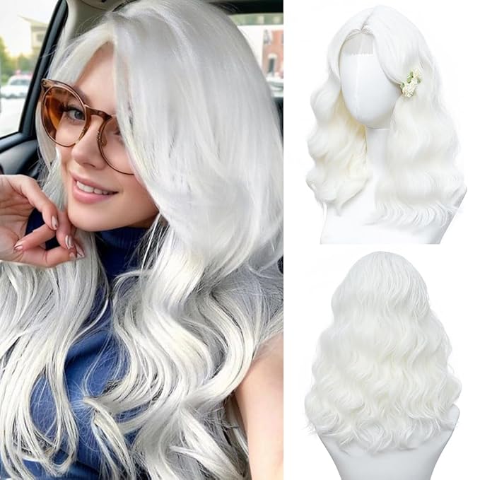 White Wig for Women, 18 Inch Middle Part Wavy Curly Wigs Synthetic Heat Resistant Soft deep wave Wig for Women Daily Use (White, 18 Inch)
