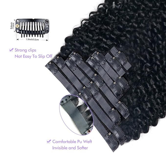 Seamless 3C 4A Kinky Curly Clip In Extension PU Weft Curly Clip in Extension Human Hair Clip Ins Full Head for Black Women Brazilian Remy Human Hair Natural Color 8Pcs with18clips 120g/Set (20 inch)