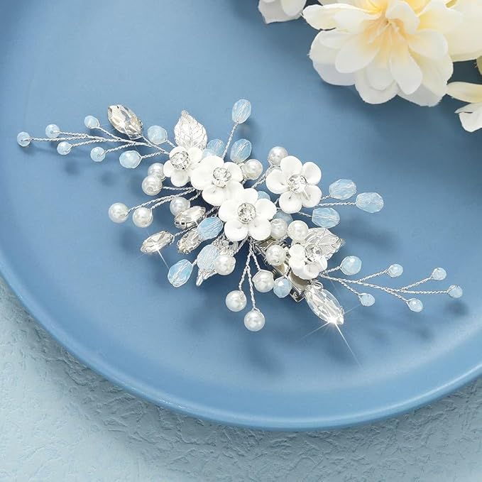 Latious Flower Wedding Hair Clip Silver Pearl Bridal Hair Barrettes Rhinestones Hair Piece for Women and Brides
