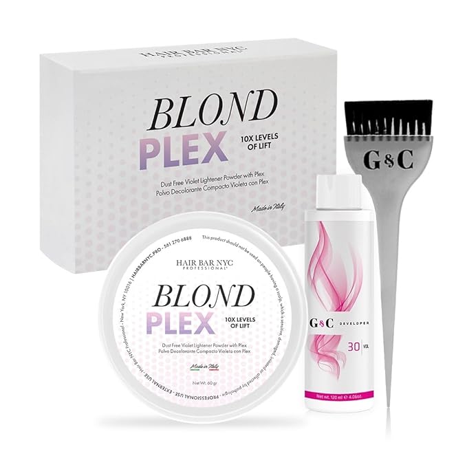 Hair Bar NYC Blond Plex 10X Lightener + 30 Volume Violet Developer Kit – Dust-Free Violet Bleach Powder (50g / 1.76 oz) + Anti-Brass Developer (120 ml / 4.06 fl oz) – Bond-Building Formula