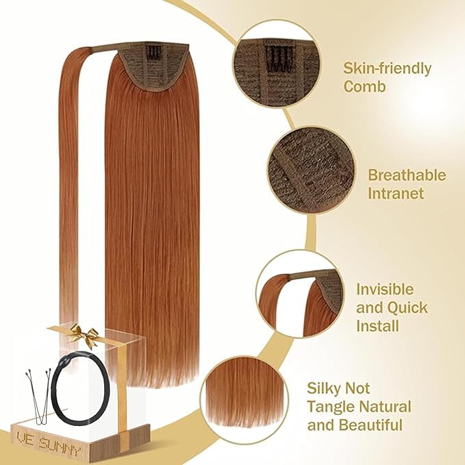 Ve Sunny Hair Extensions Ponytail Real Human Hair Wrap Around Clip in Ponytail Hair Extensions Straight Extensions Human Hair for Women Copper 16inch 80G