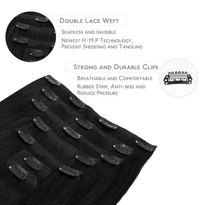 WENNALIFE Clip in Hair Extensions Real Human Hair, 24 Inch 120g 7pcs Jet Black Hair Extensions Clip in Human Hair Remy Clip in Hair Extensions Natural Human Hair Extensions Double Weft