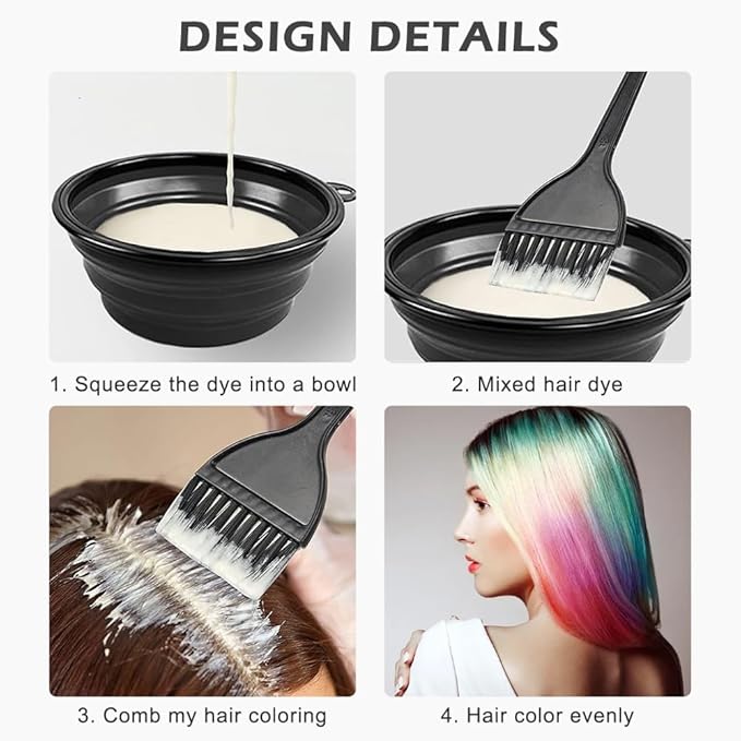 EMVANV 5 PCs Hair Dyeing Set,Hair Dye Coloring Kit Hair Bleach Kit Hair Coloring Tool with Folding Bowl Dyeing Brush Dyeing Comb and Hairpin(Black)