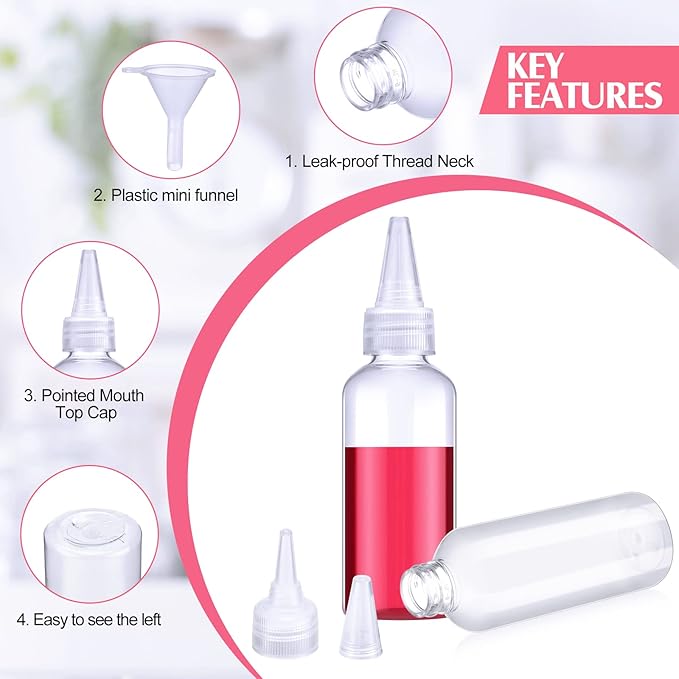 Eccliy 60 Pieces 2 oz 60 ml Plastic Bottles Applicator with Twist Top Cap Pet Refillable Plastic Empty Applicator Bottle for Hair with Clear Twist Top Cap for Hair Oils and Liquids
