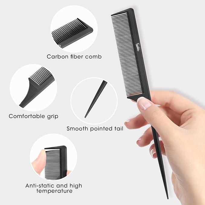 Rat Tail Comb 2Pcs Rat Combs for Women, Fine Tooth Parting Tip Carbon Fiber Root Teasing Anti Static Hair Comb, for Styling (2Pcs Black)