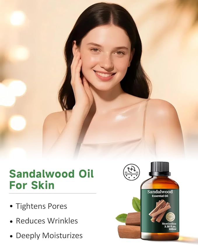 Pure Sandalwood Essential Oil for Bedtime Serenity, Evening Meditation & Pillow Mist, Natural Woody Aroma for Diffuser, Hair, Skin Care, Calming Blends, Massage, Candle, Soap Making 3.38 Fl Oz