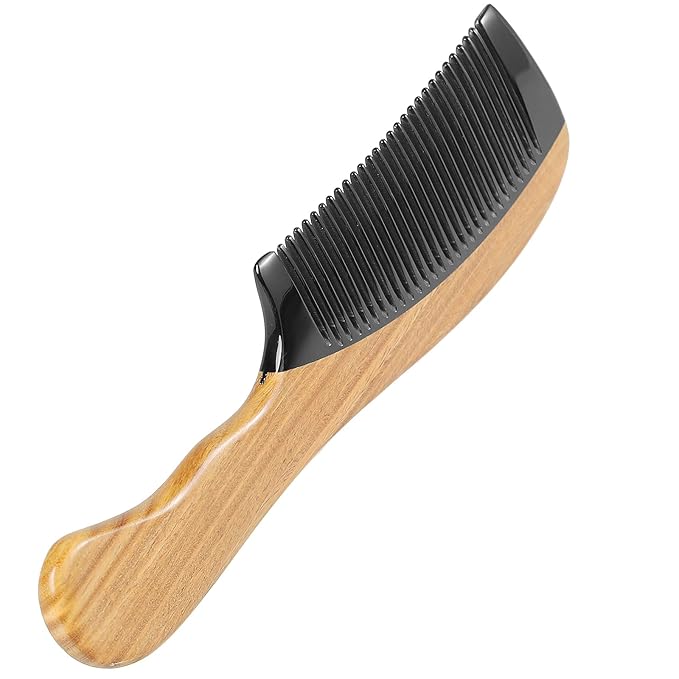 Onedor Natural Green Sandalwood Hair Comb - 100% Handmade Wooden Comb with Buffalo Horn, Fine Tooth, Anti-Static, Relieves Tension, Prevents Tangled Hair and Split Ends - Unisex, 7 x 3 x 2 inches