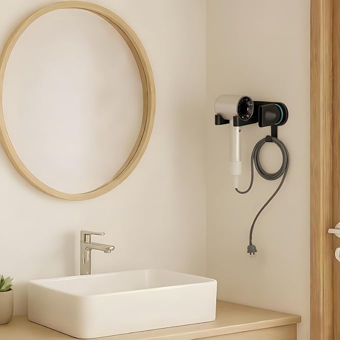 Hair Dryer Holder Wall Mounted, Blow Dryer Holder with Strong Magnet, Dyson Hair Dryer Holder Adhesive Aluminum Alloy Organizer for Bathroom Black UEMUSI