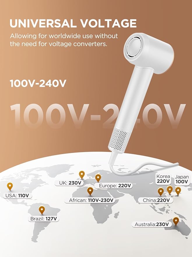 PLAVOGUE Dual Voltage Travel Hair Dryer with Diffuser, High-Speed Ionic Blow Dryer for Women, Fast Drying, Low Noise, Lightweight, No Heat Damage, European Travel 110V-120V/220V-240V