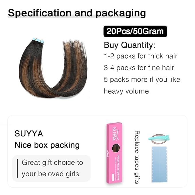 SUYYA Tape in Hair Extensions Human Hair Balayage Natural Black to Chestnut Brown 20 Inch 50g/pack 20pcs Straight Seamless Skin Weft Tape in Real Human Hair Extensions(20inch #P1B/6/T1B)
