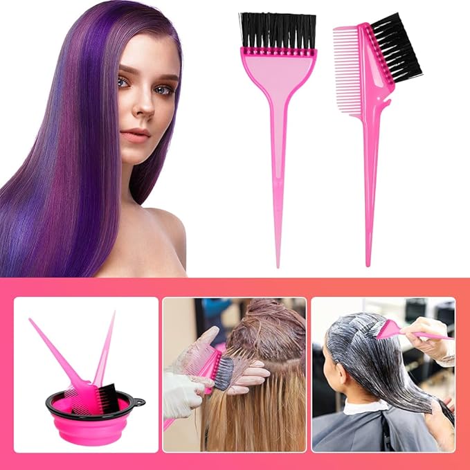 Hair Dye Color Brush and Bowl Set, Color Bowl Brushes Tool Mixing Bowl Kit Tint Comb for Hair Tint Dying Coloring Applicator (Pink&Black)