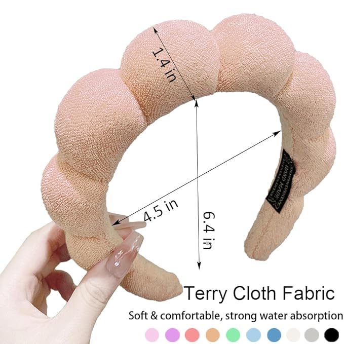 Spa Headbands for Washing Face or Makeup, Sponge Bubble Skincare Headbands, Puffy Terry Cloth Hairband for Women, Skin Care Makeup Headwear Hair Accessories for Girls(Khaki)