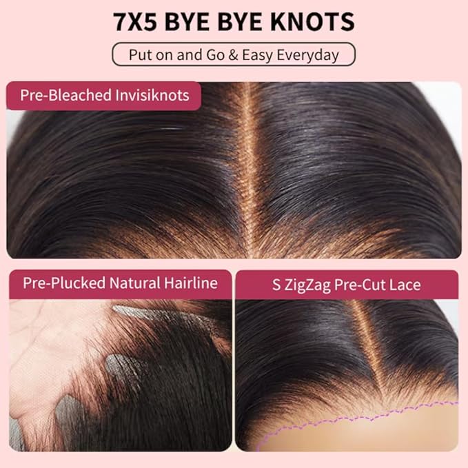 YIROO Bye Bye Knots Glueless Wig Highlight Ombre Chestnut Brown Loose Wave Lace Front Wig Pre Plucked Pre Bleached Pre Cut 7x5 HD Lace Closure Wig Put on and Go Ready to Wear Wig 150% Density 26inch
